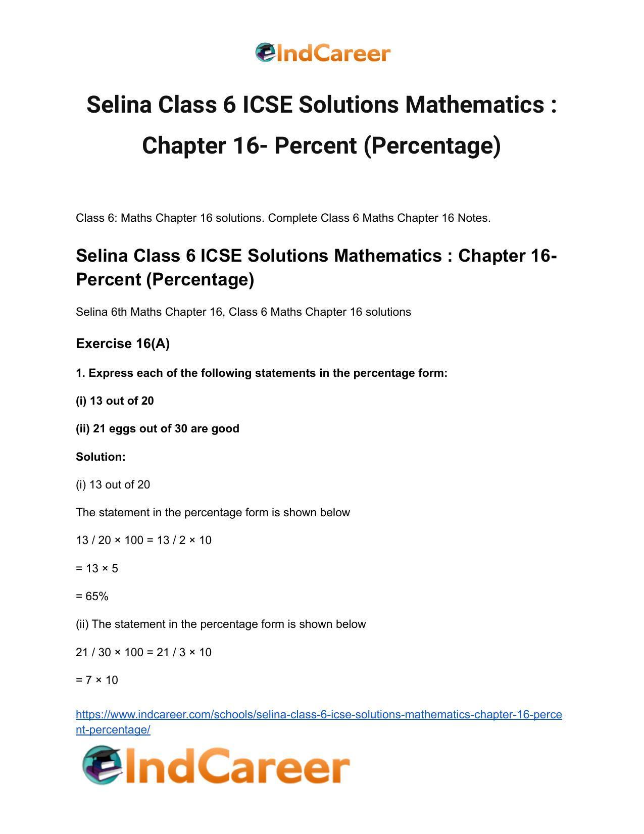 Selina Class 6 ICSE Solutions Mathematics : Chapter 16- Percent (Percentage) - Page 2