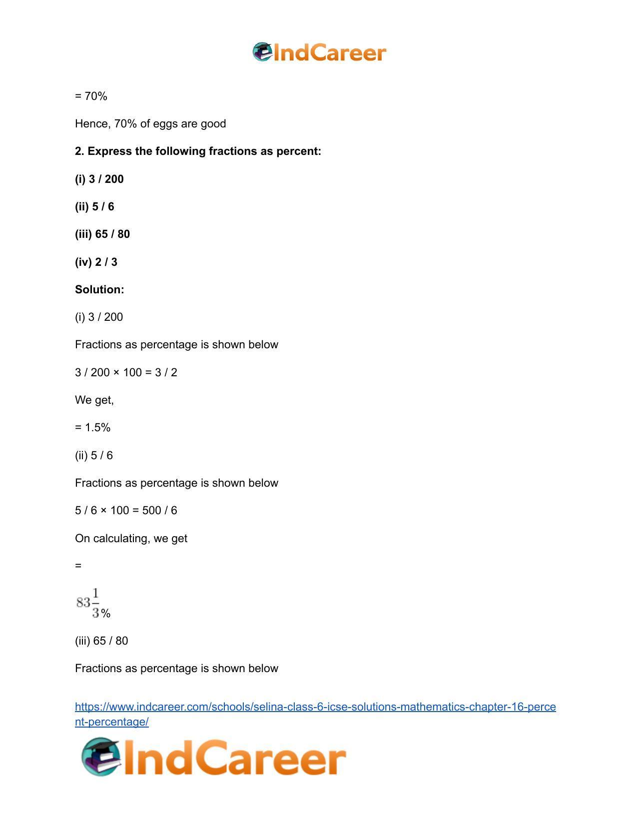 Selina Class 6 ICSE Solutions Mathematics : Chapter 16- Percent (Percentage) - Page 3