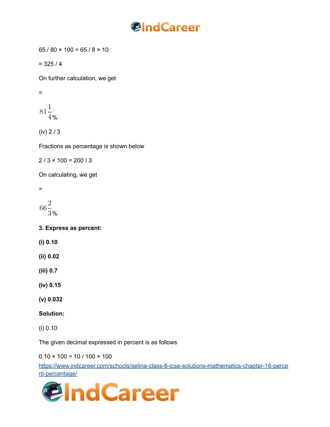 Selina Class 6 ICSE Solutions Mathematics : Chapter 16- Percent (Percentage) - Page 4