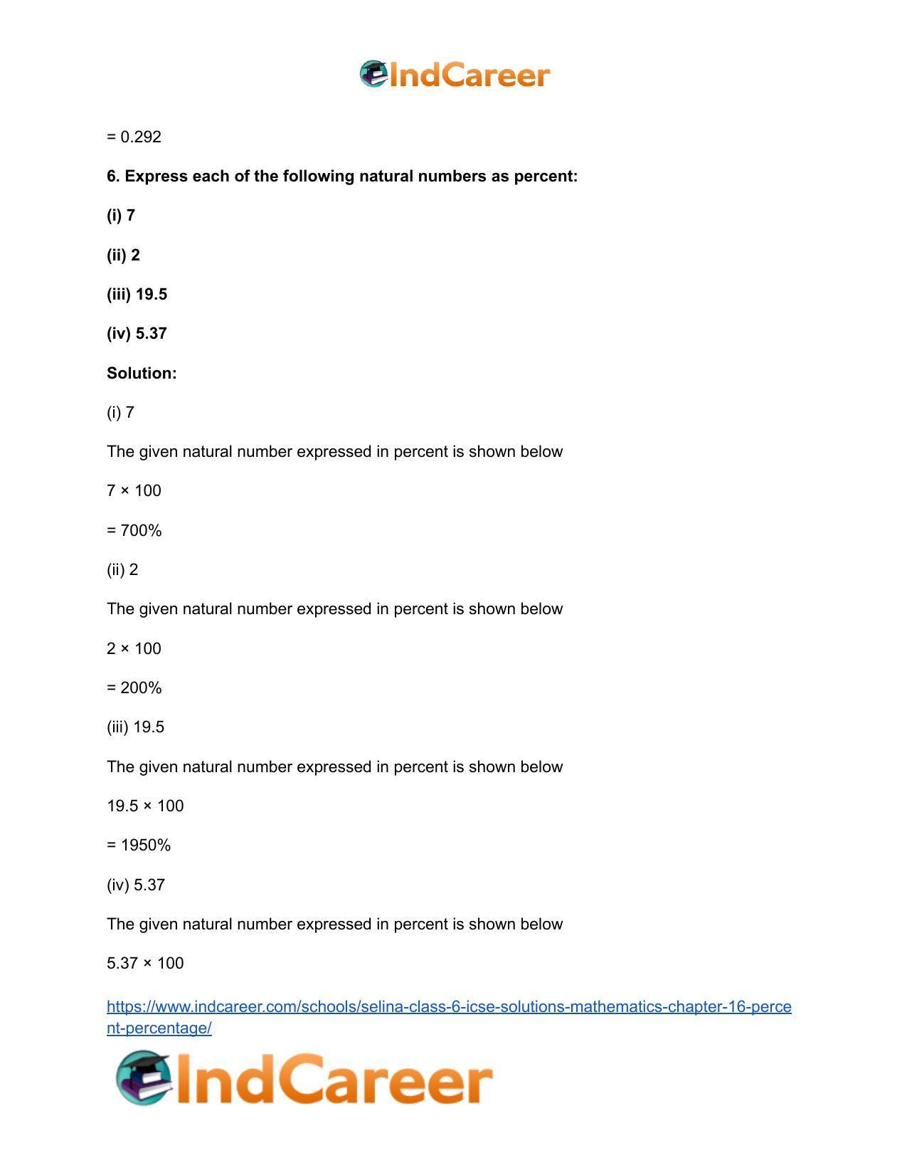 Selina Class 6 ICSE Solutions Mathematics : Chapter 16- Percent (Percentage) - Page 9