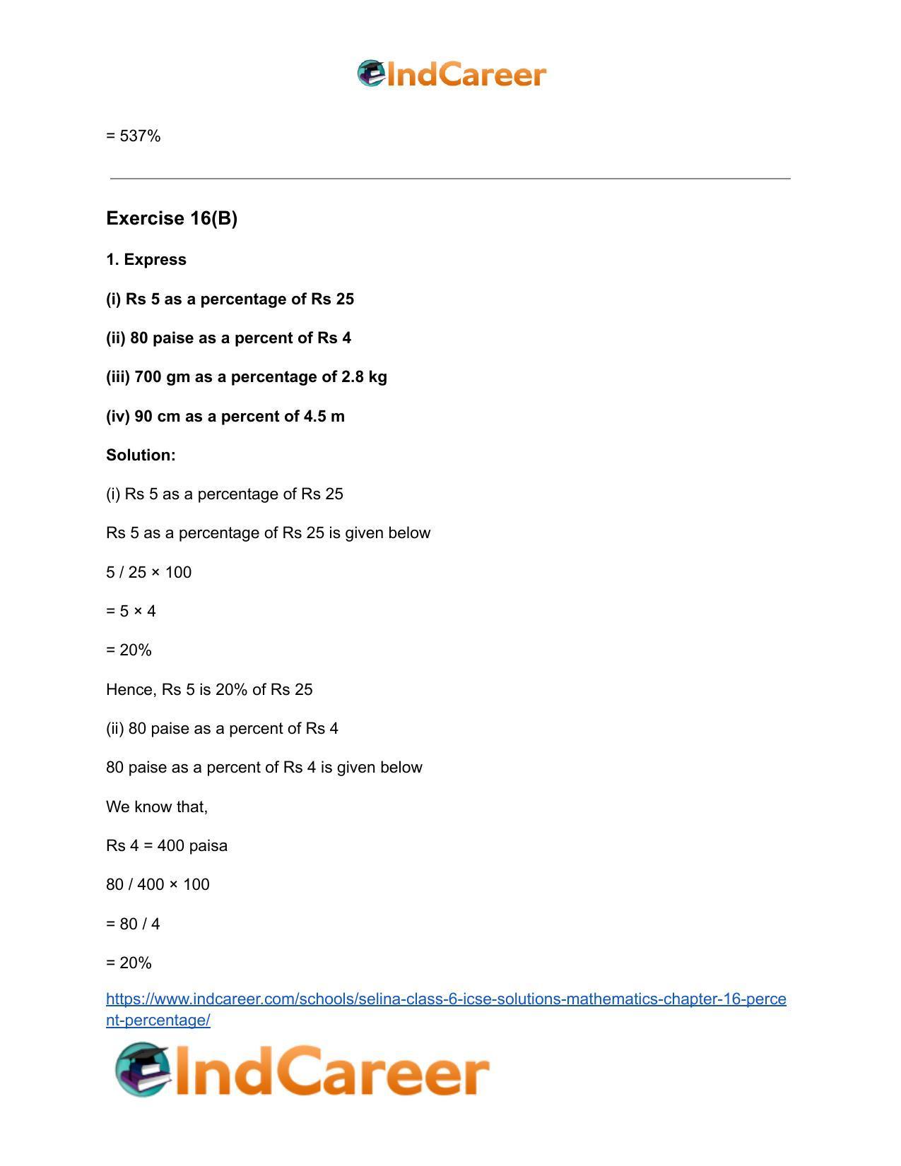 Selina Class 6 ICSE Solutions Mathematics : Chapter 16- Percent (Percentage) - Page 10