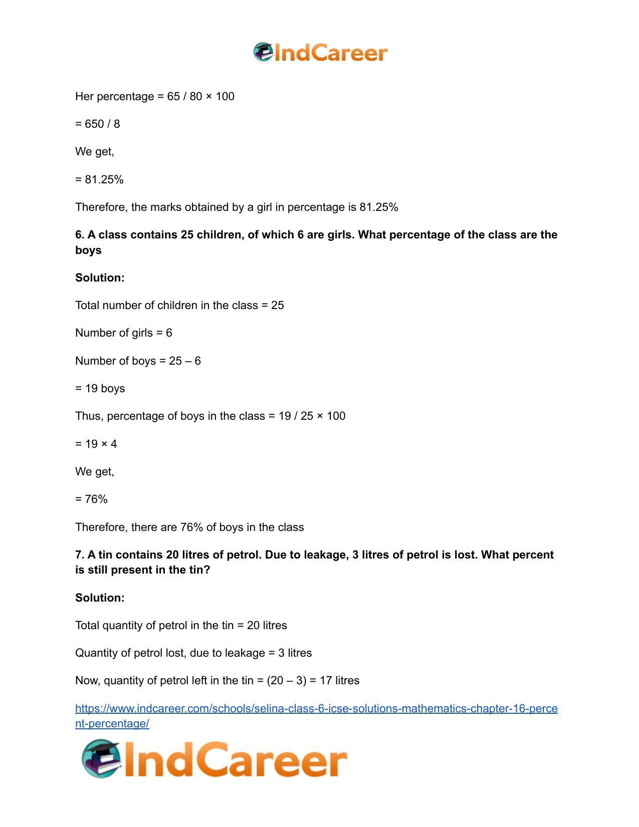 Selina Class 6 ICSE Solutions Mathematics : Chapter 16- Percent (Percentage) - Page 16