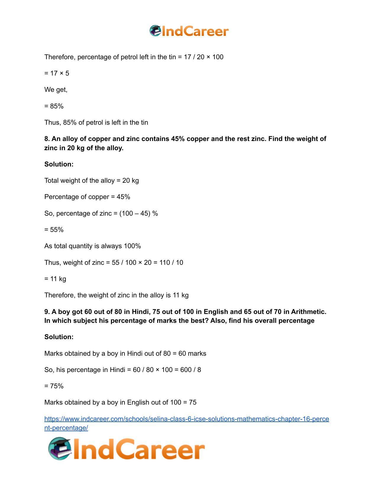 Selina Class 6 ICSE Solutions Mathematics : Chapter 16- Percent (Percentage) - Page 17