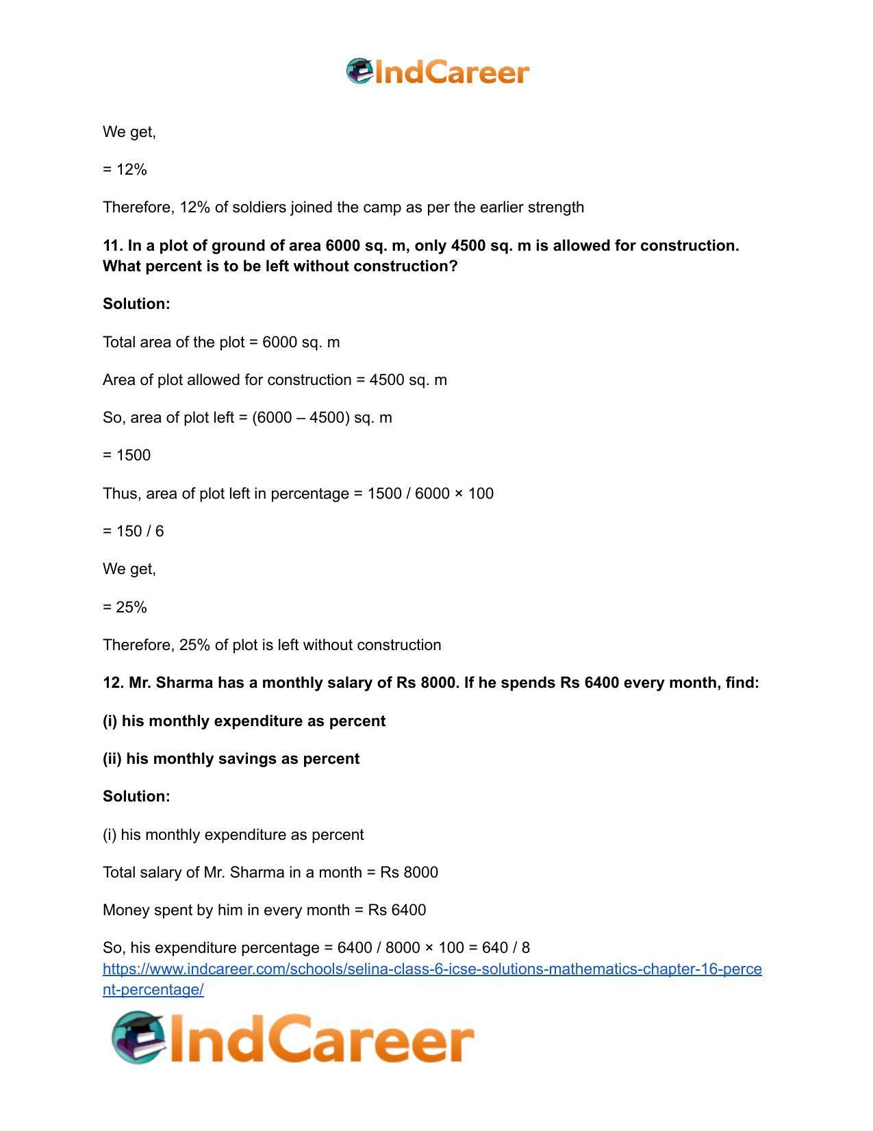 Selina Class 6 ICSE Solutions Mathematics : Chapter 16- Percent (Percentage) - Page 19