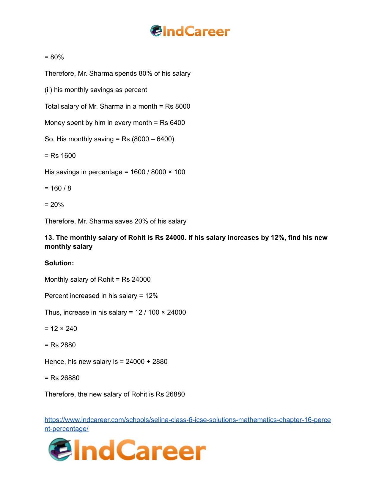 Selina Class 6 ICSE Solutions Mathematics : Chapter 16- Percent (Percentage) - Page 20