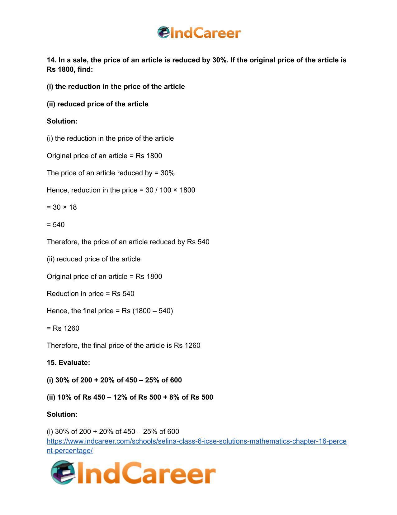 Selina Class 6 ICSE Solutions Mathematics : Chapter 16- Percent (Percentage) - Page 21