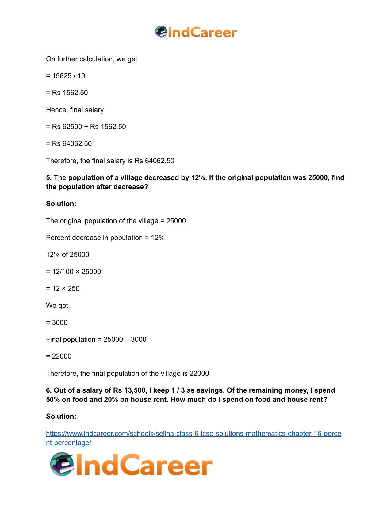 Selina Class 6 ICSE Solutions Mathematics : Chapter 16- Percent (Percentage) - Page 26