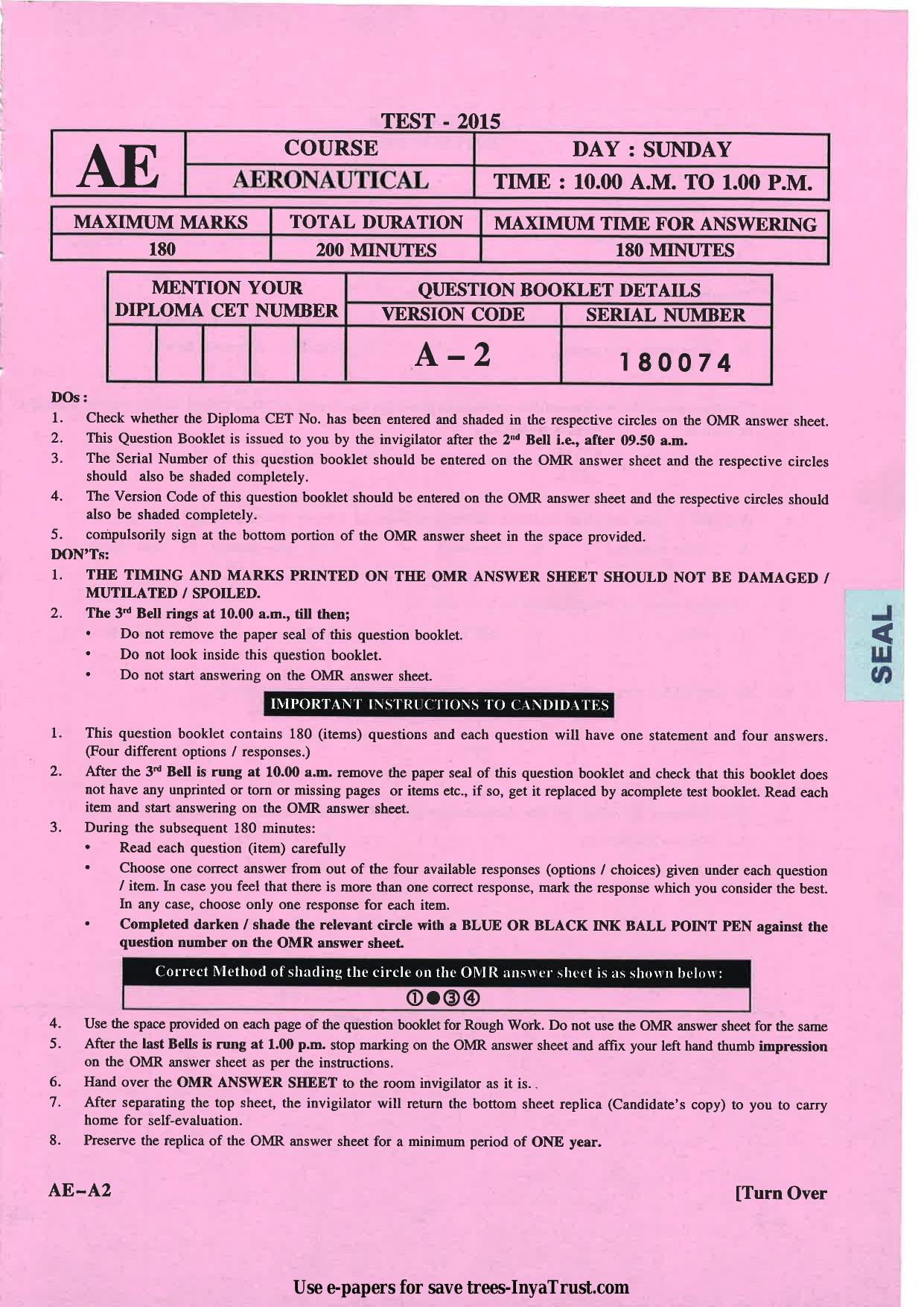 Karnataka Diploma CET- 2015 Aeronautical Engineering Question Paper - Page 1