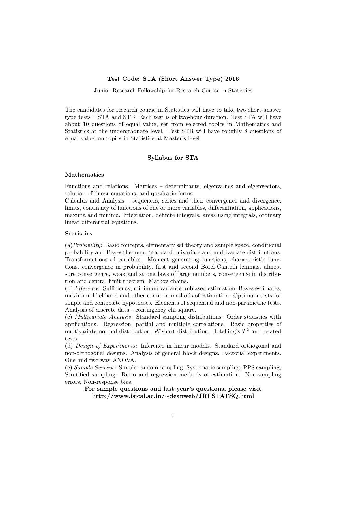 ISI Admission Test JRF in Statistics STA 2016 Sample Paper - Page 1