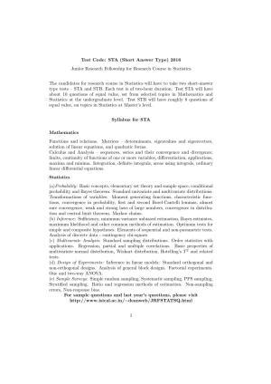 ISI Admission Test JRF in Statistics STA 2016 Sample Paper
