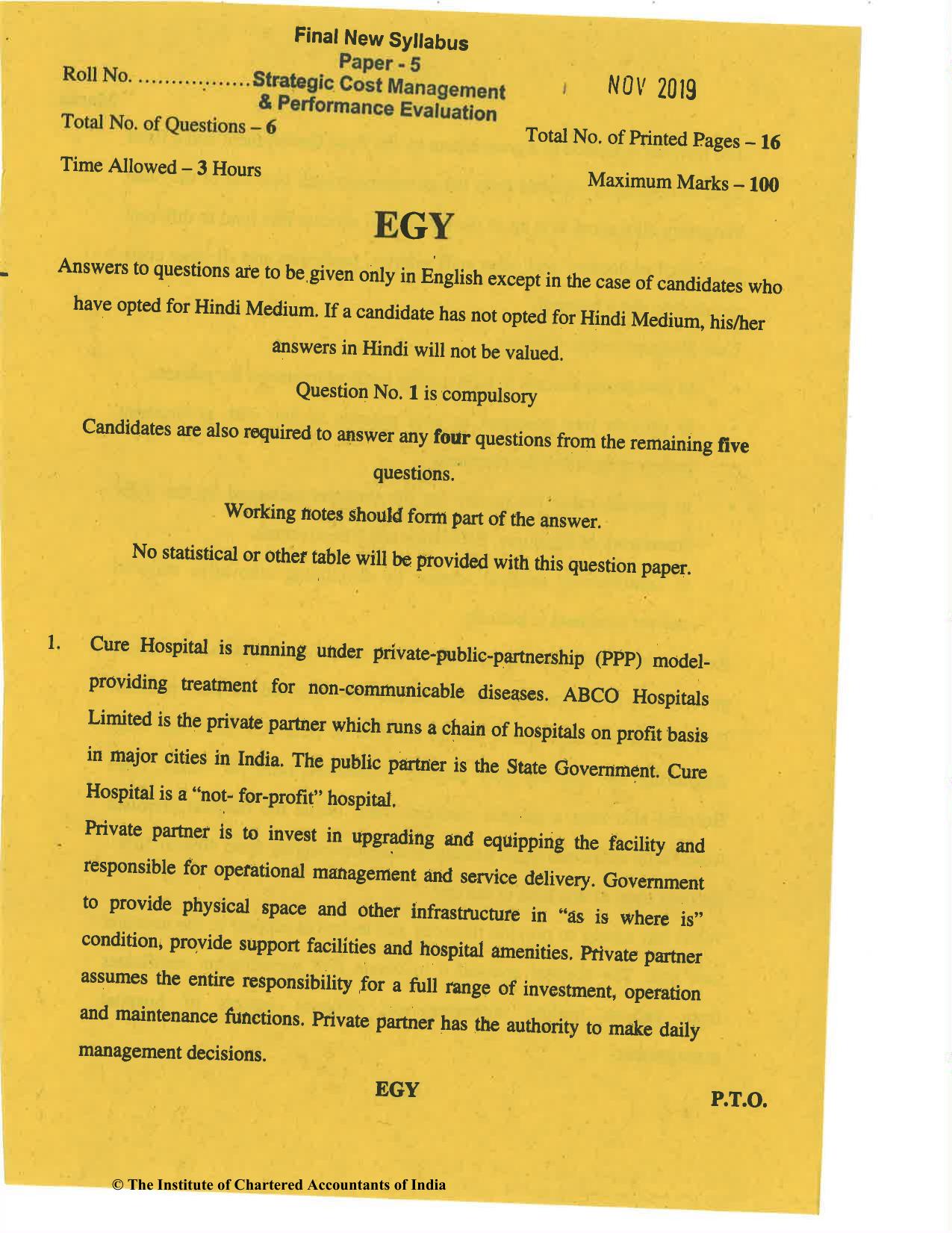 CA Final Nov 2019 Question Paper - Paper 5 – Strategic Cost Management and Performance Evaluation - Page 1