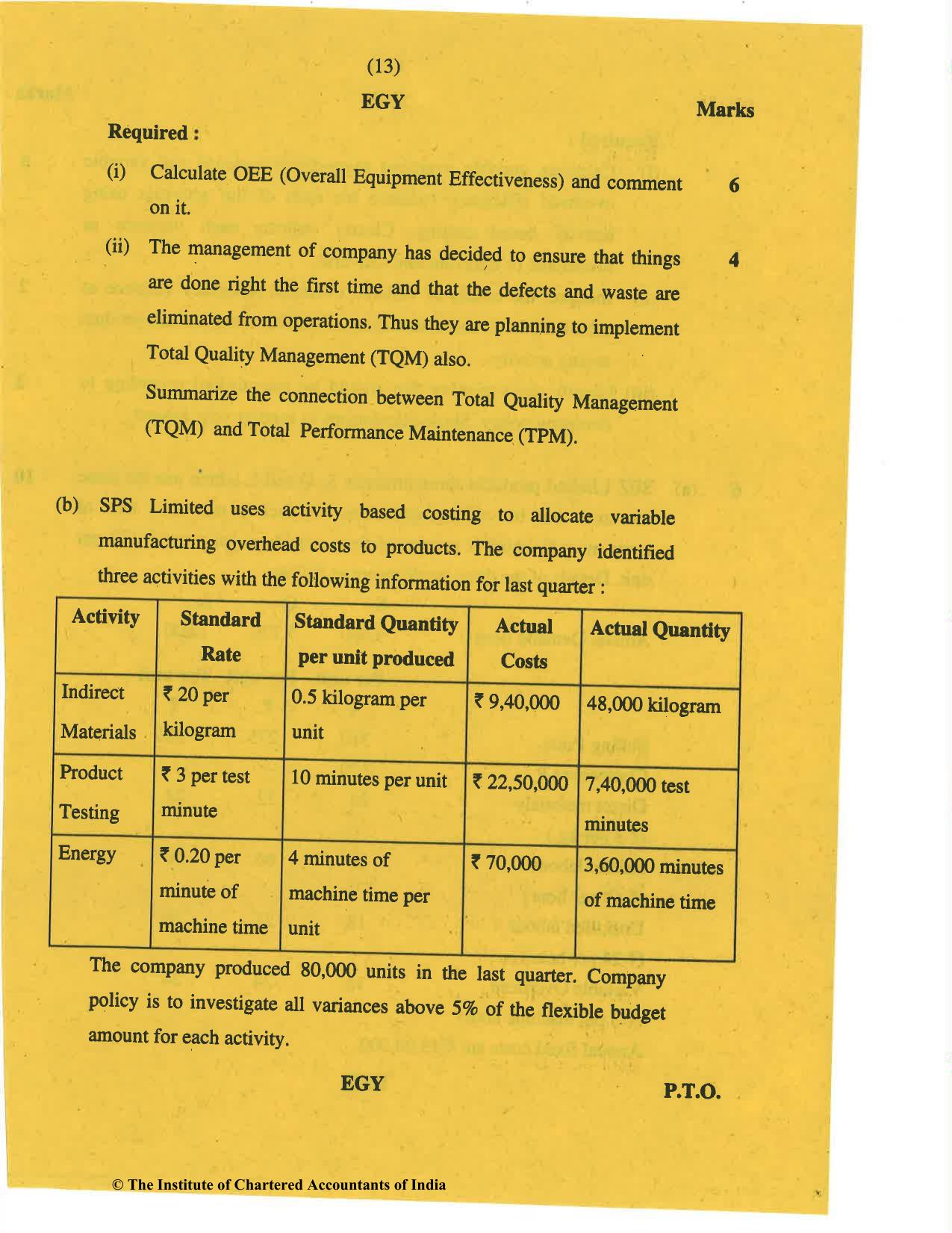 CA Final Nov 2019 Question Paper - Paper 5 – Strategic Cost Management and Performance Evaluation - Page 13