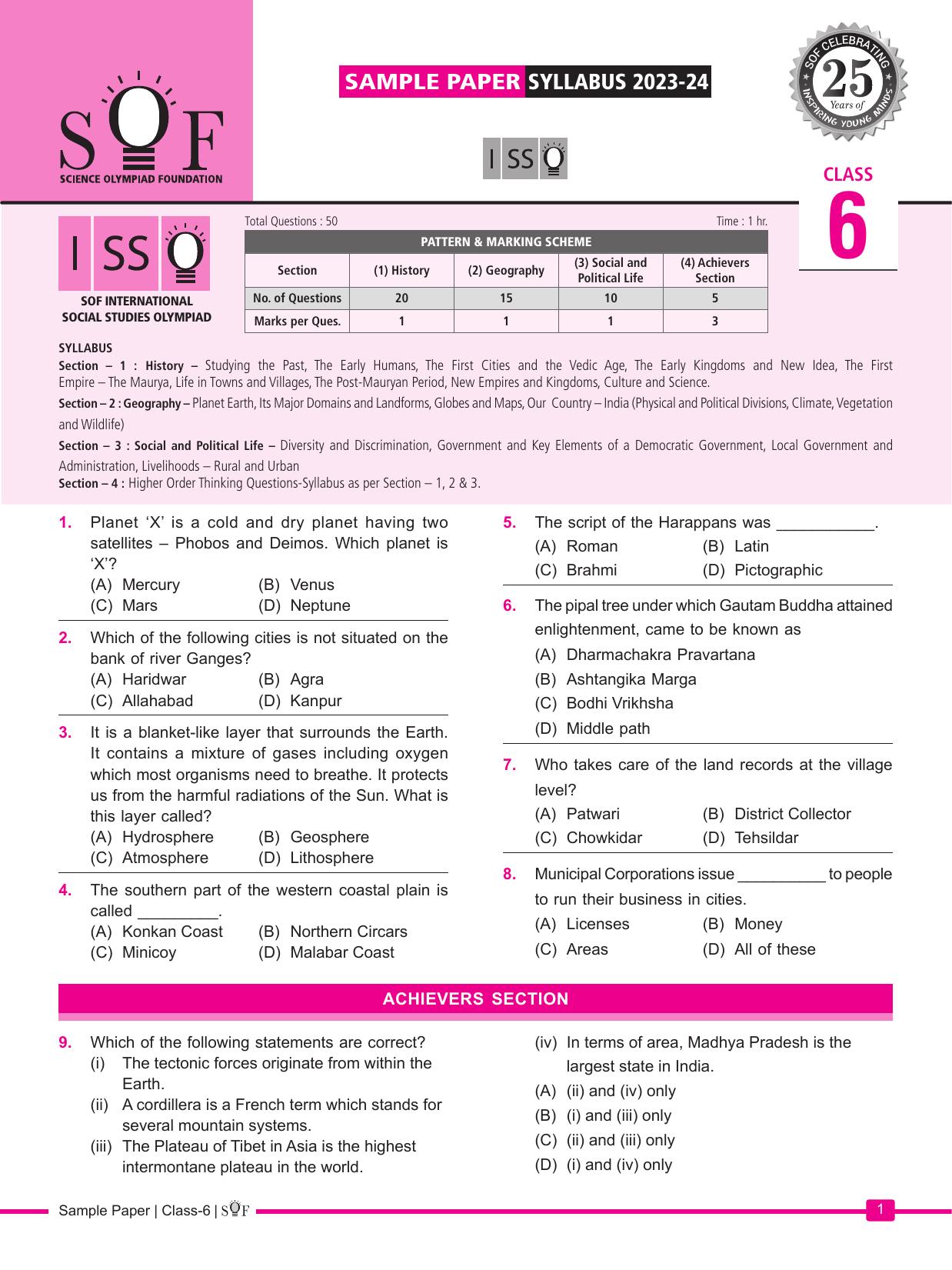 SOF ISSO Class 6 Sample Paper 2024 - Page 1