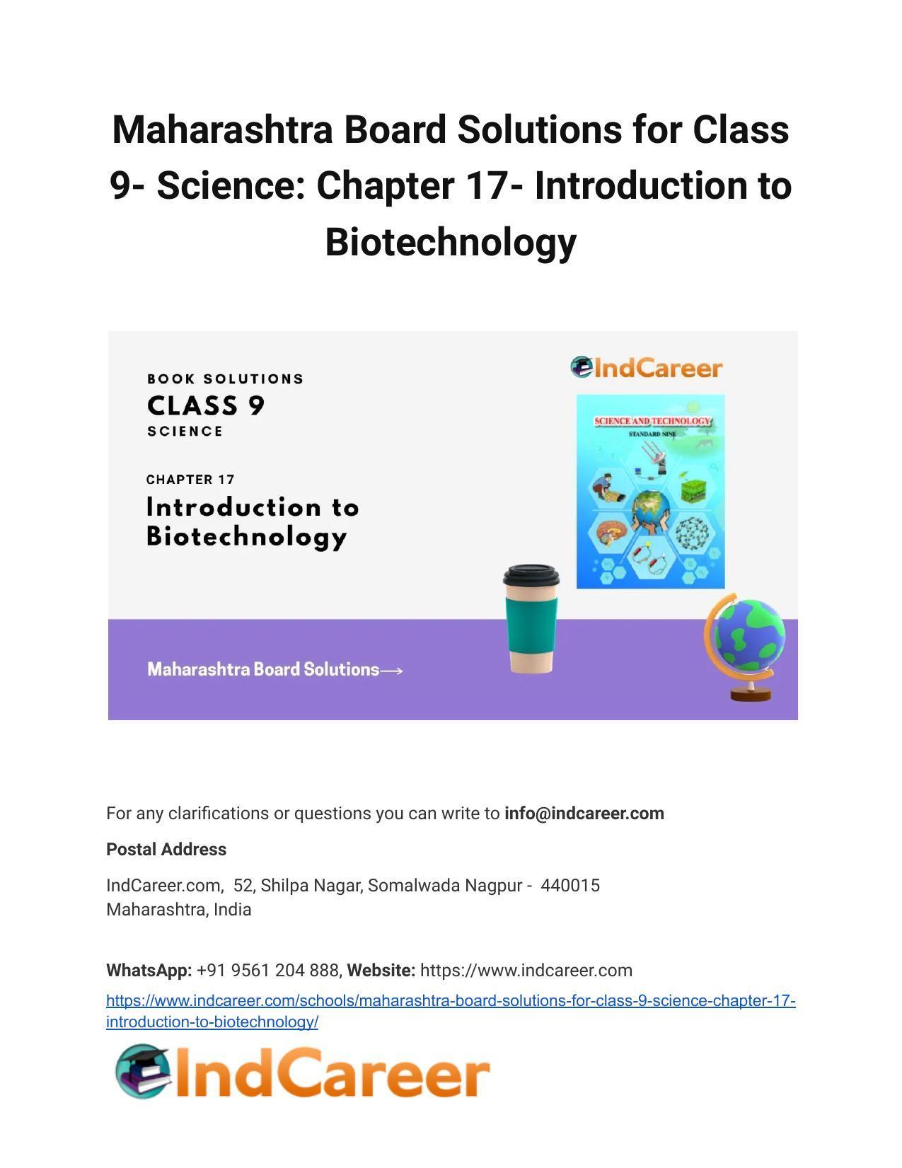 Maharashtra Board Solutions for Class 9- Science: Chapter 17- Introduction to Biotechnology - Page 1