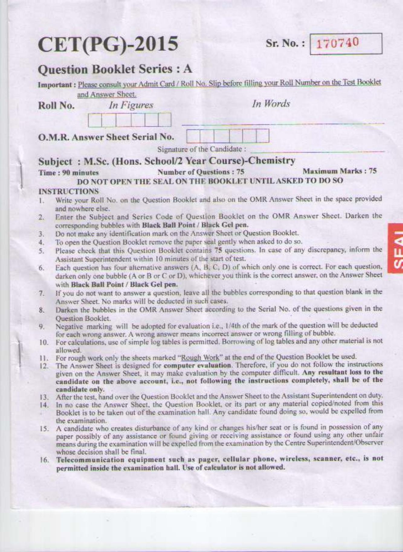 PU CET PG 2015: MSc (HS/2yr)(Chemistry) Question Paper - Page 1