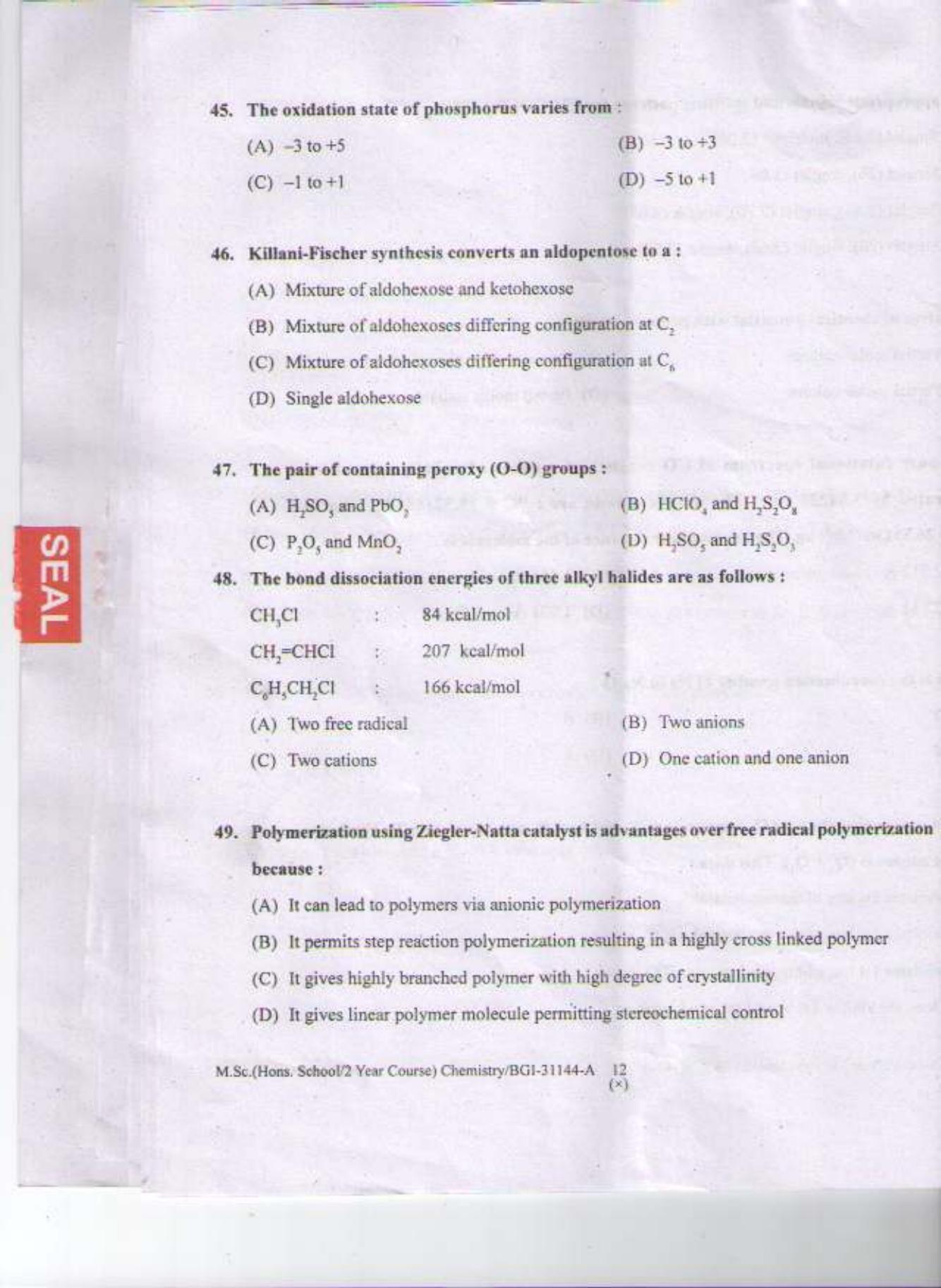 PU CET PG 2015: MSc (HS/2yr)(Chemistry) Question Paper - Page 11