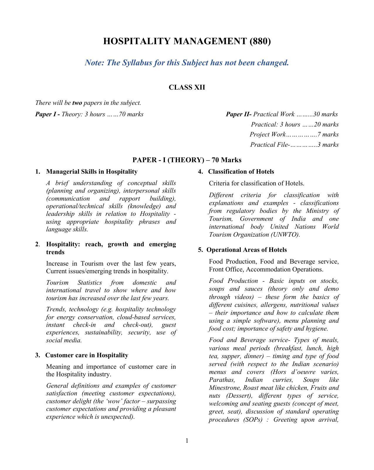 ISC Class 12 Hospitality Management Syllabus - Page 1