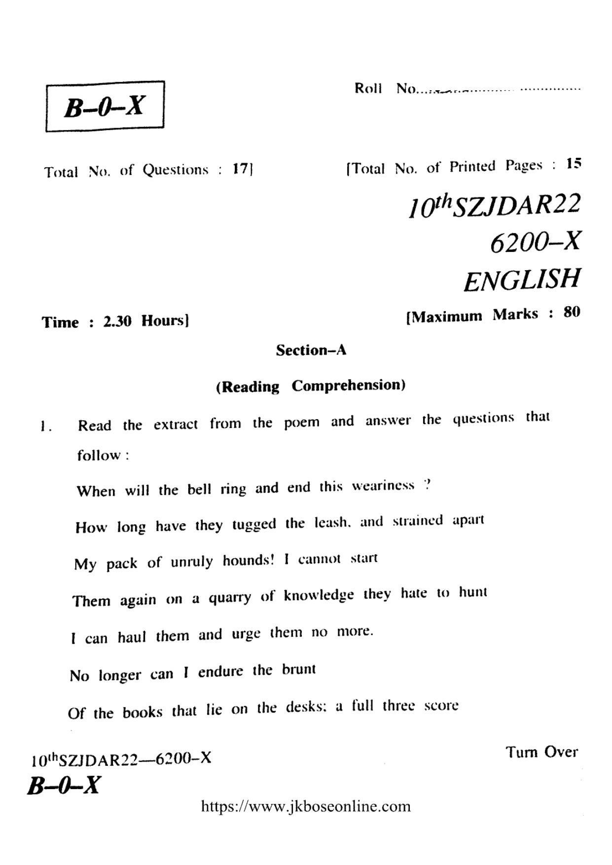 JKBOSE CLASS 10 English (6200-X) 2022 - Page 1