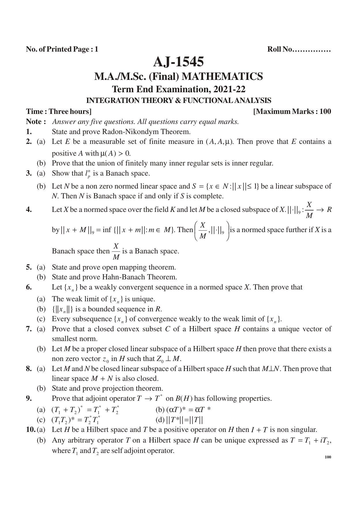 Bilaspur University Question Paper 2021-2022:M.Sc (Final) Mathematics  Integration Theory & Functional Analysis Paper 1 - Page 1