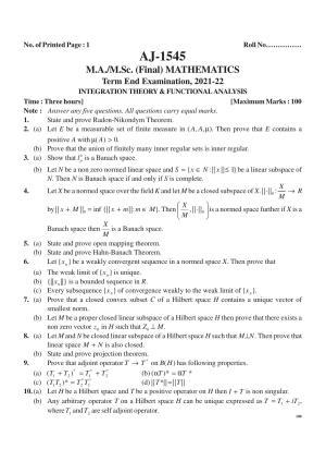 Bilaspur University Question Paper 2021-2022:M.Sc (Final) Mathematics  Integration Theory & Functional Analysis Paper 1