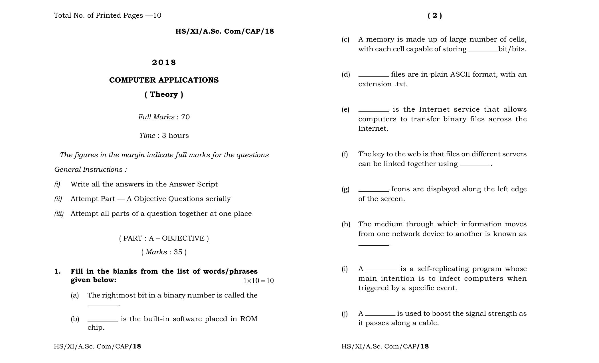 Meghalaya Board (MBOSE) Class 11 Computer_Application 2018 Question Paper - Page 1