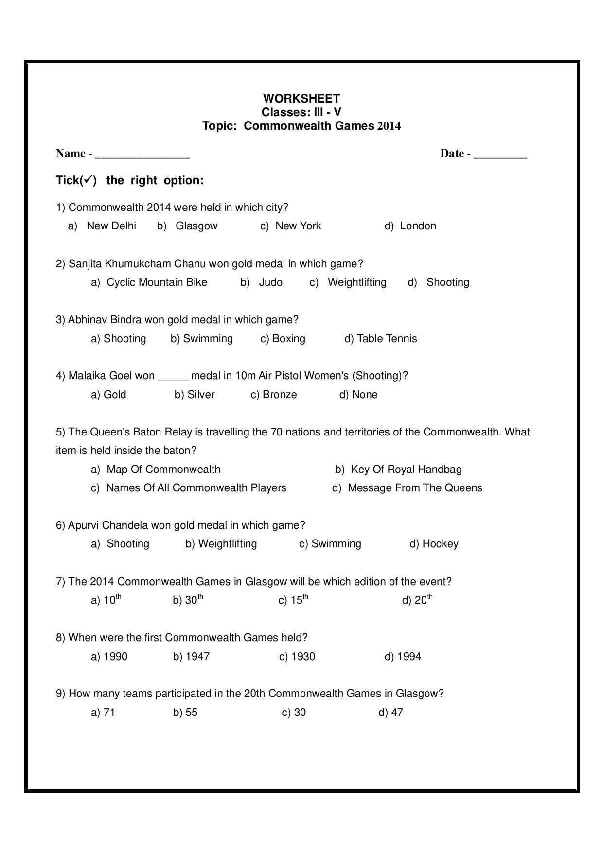 Worksheet for Class 5 General Knowledge Commonwealth Games Assignment - Page 1