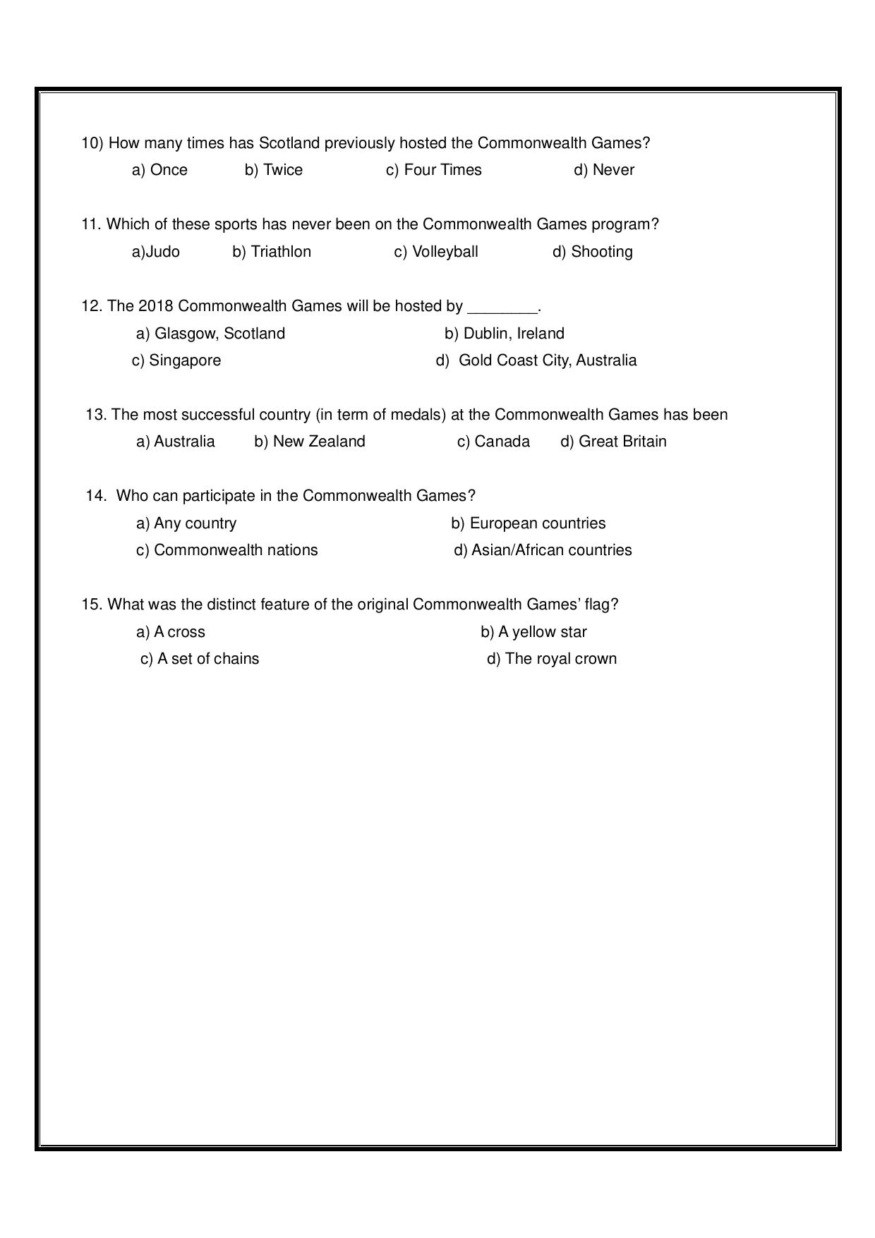 Worksheet for Class 5 General Knowledge Commonwealth Games Assignment - Page 2