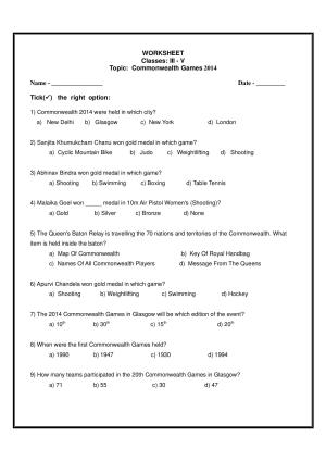 Worksheet for Class 5 General Knowledge Commonwealth Games Assignment