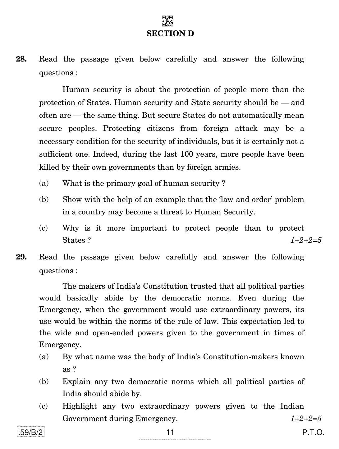 CBSE Class 12 59-C-2 - Political Science 2020 Compartment Question Paper - Page 11