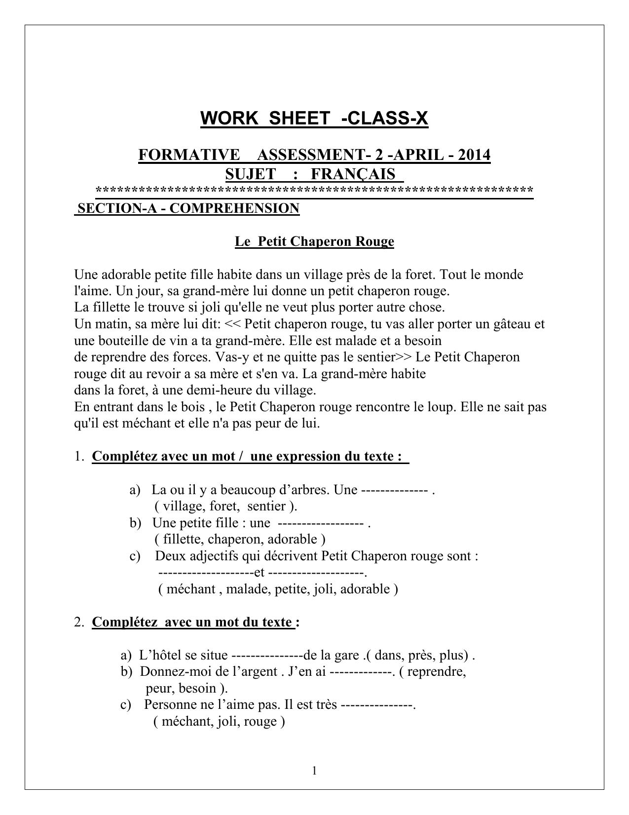 CBSE Worksheets for Class 10 French Assignment 12 - Page 1