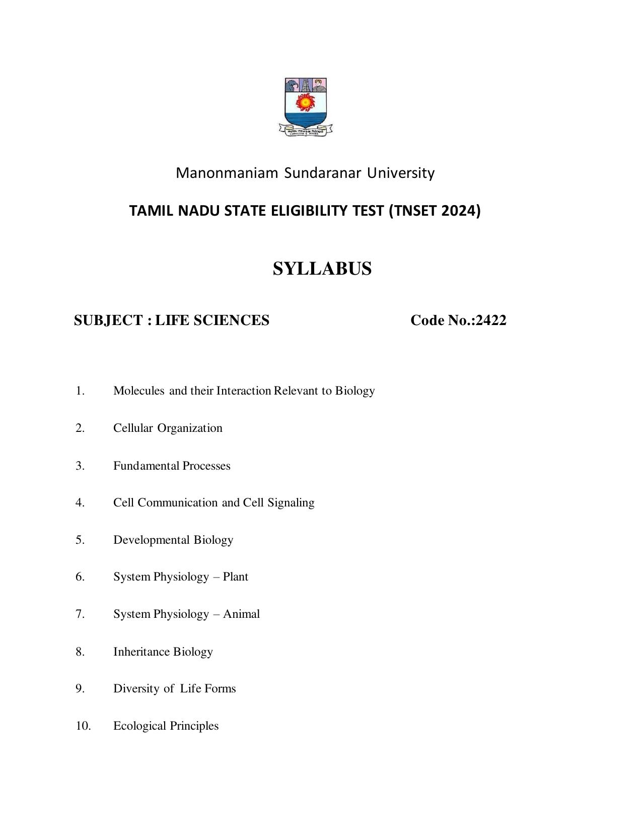 TNSET Syllabus - Life Sciences - Page 1