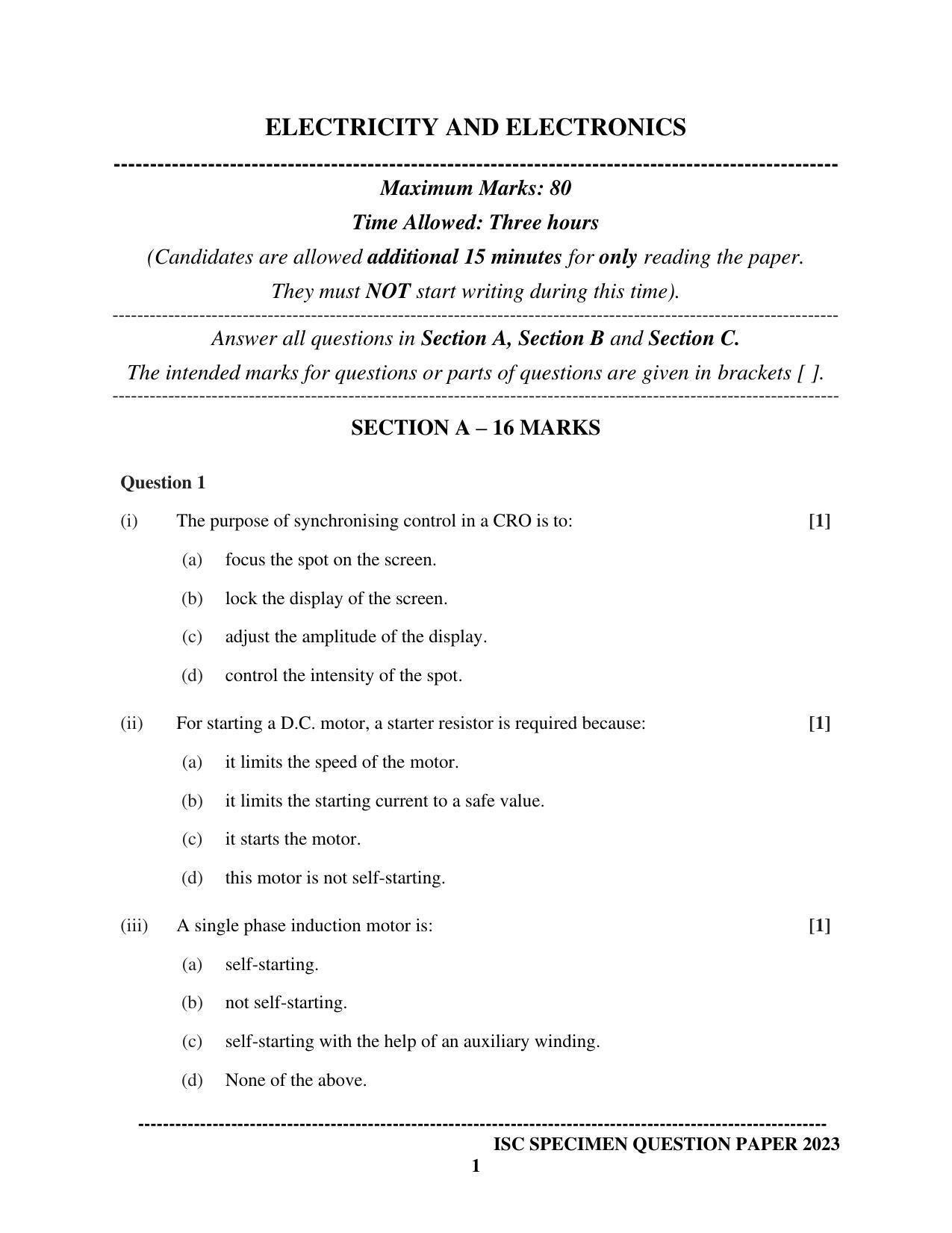 ISC Class 12 Electricity & Electronics Sample Paper 2023 - Page 1