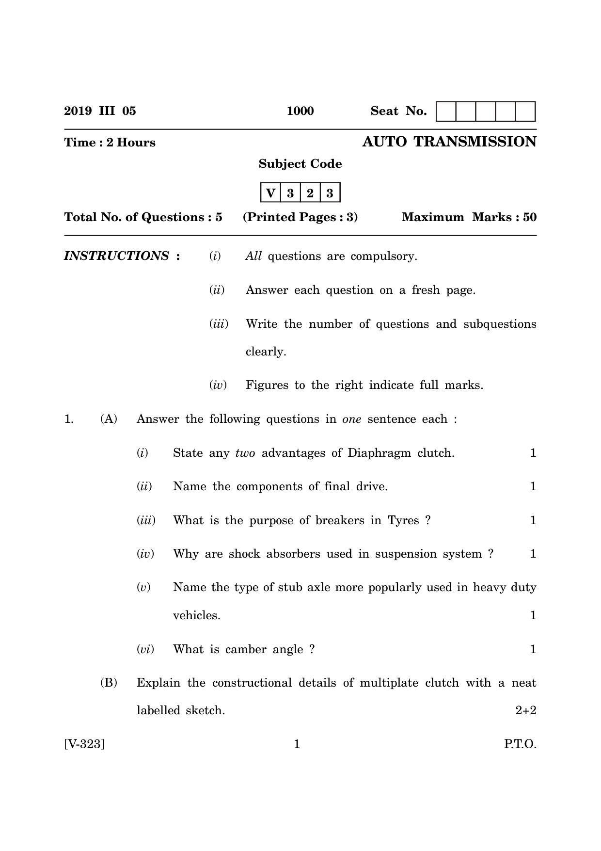 Goa Board Class 12 Auto - Transmission (March 2019) Question Paper - Page 1