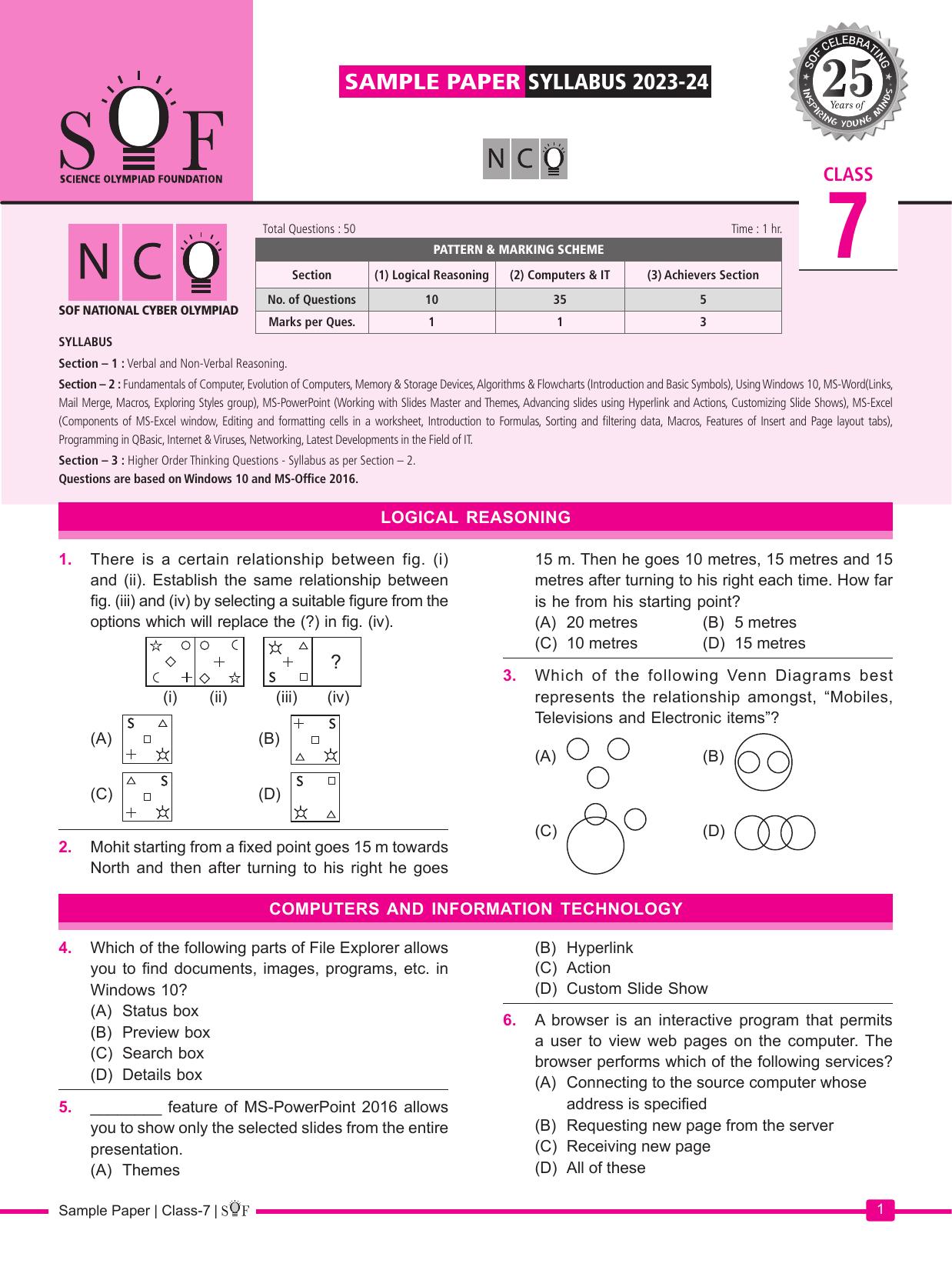 SOF NCO 2024 Class 7 Sample Paper - Page 1