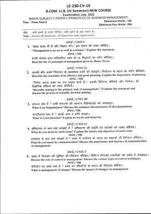 Bilaspur University Question Paper July 2022:B.COM. LL.B. Fourth Semester (New Course) Minor Subject II Paper I (Principle Of Business Management) Paper 1