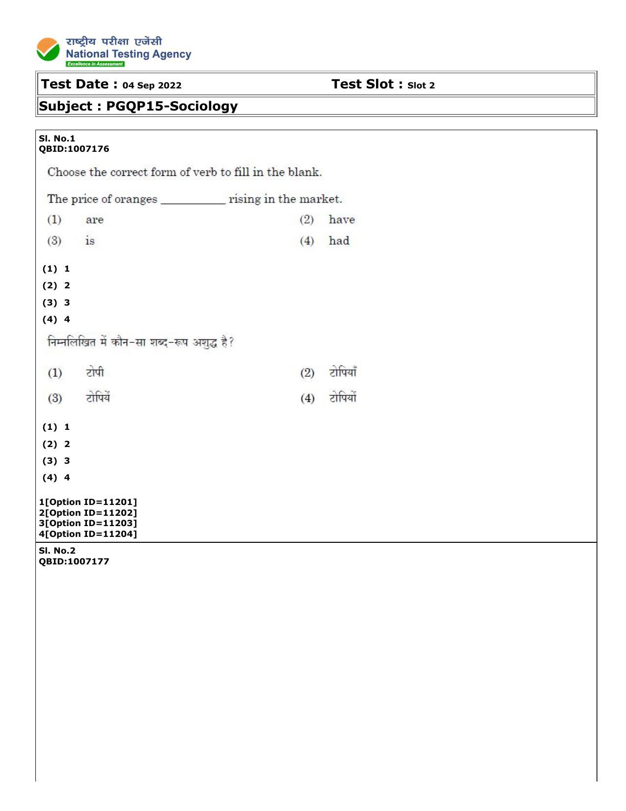 CUET (PG) 2022: PGQP-15 Sociology (04-09-2022) Question Paper - Page 1