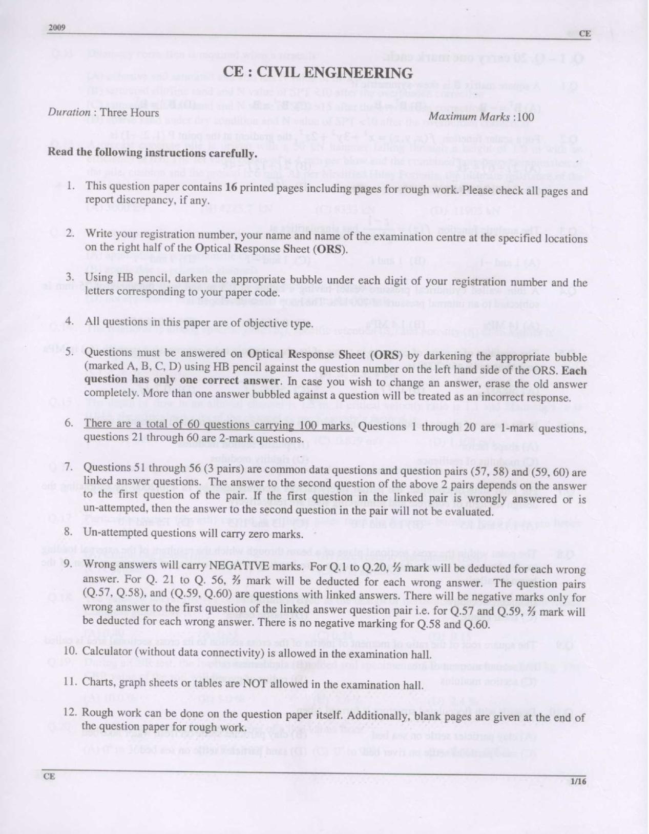 GATE 2009 Civil Engineering (CE) Question Paper with Answer Key - Page 1