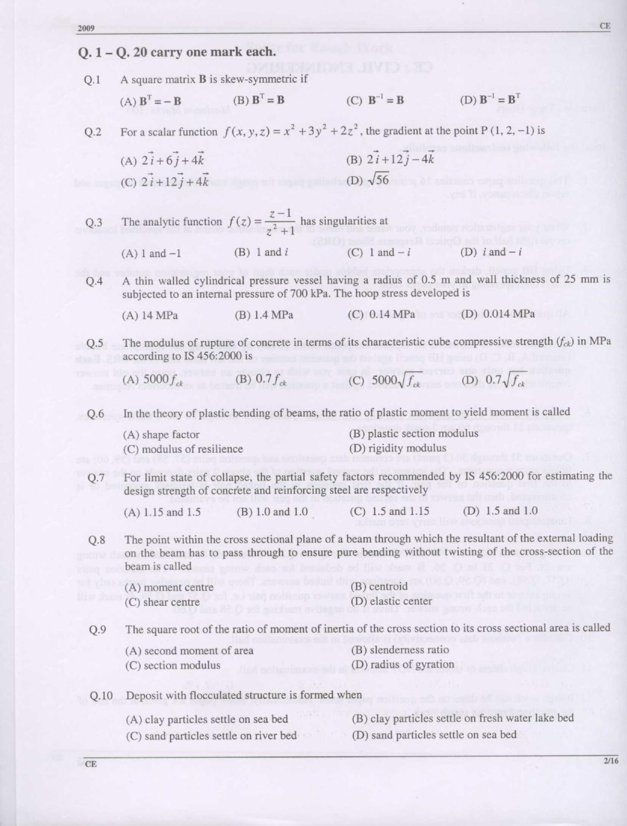 GATE 2009 Civil Engineering (CE) Question Paper with Answer Key - Page 2