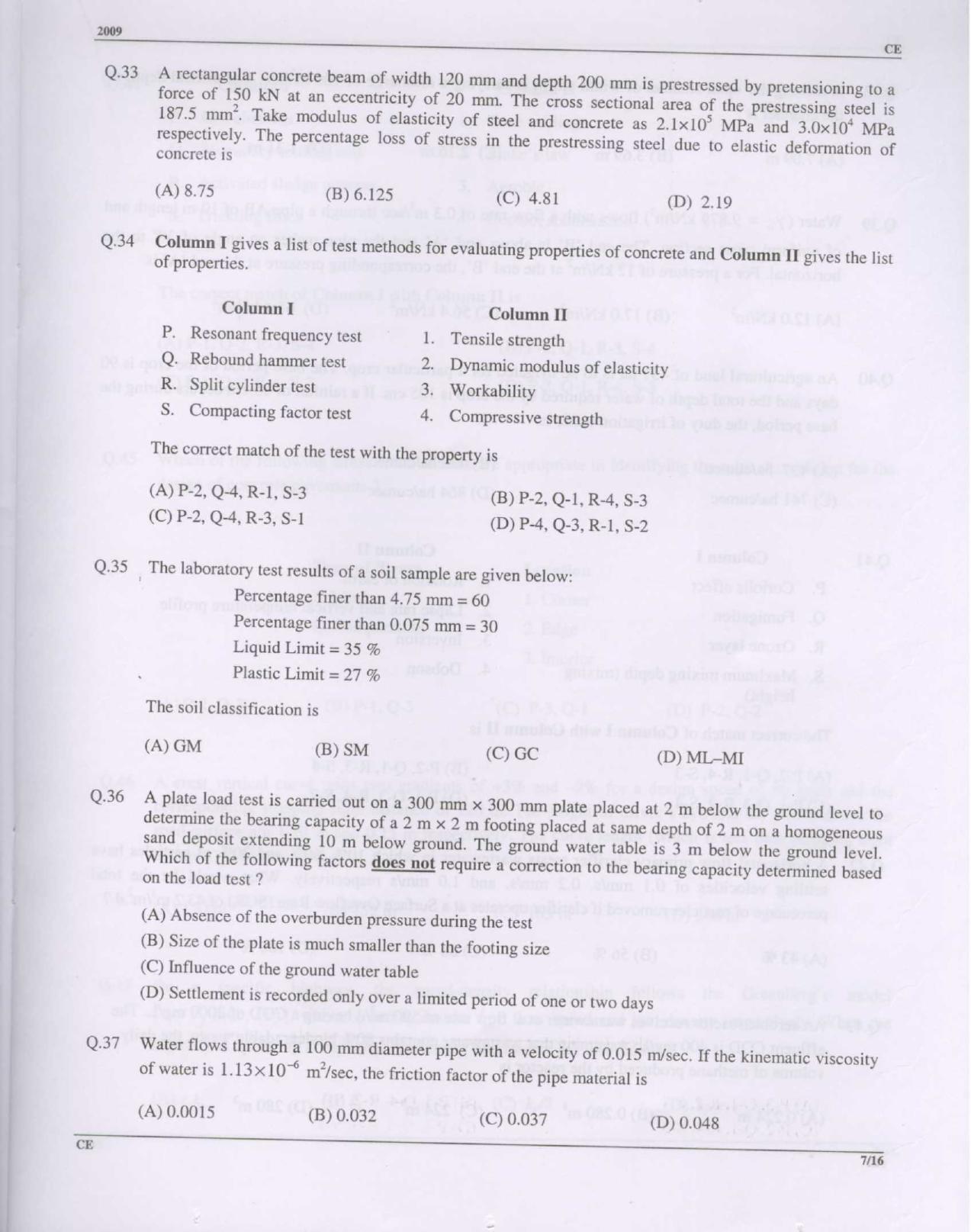GATE 2009 Civil Engineering (CE) Question Paper with Answer Key - Page 7