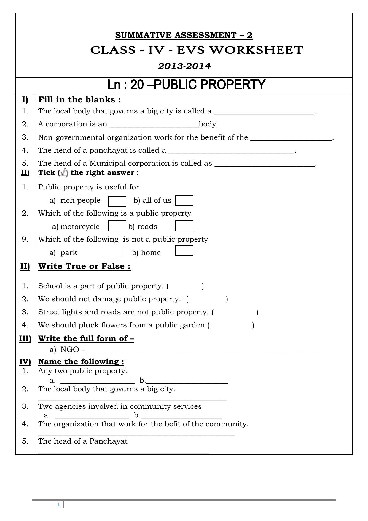 Worksheet for Class 4 Environmental Studies Public Property Assignment - Page 1