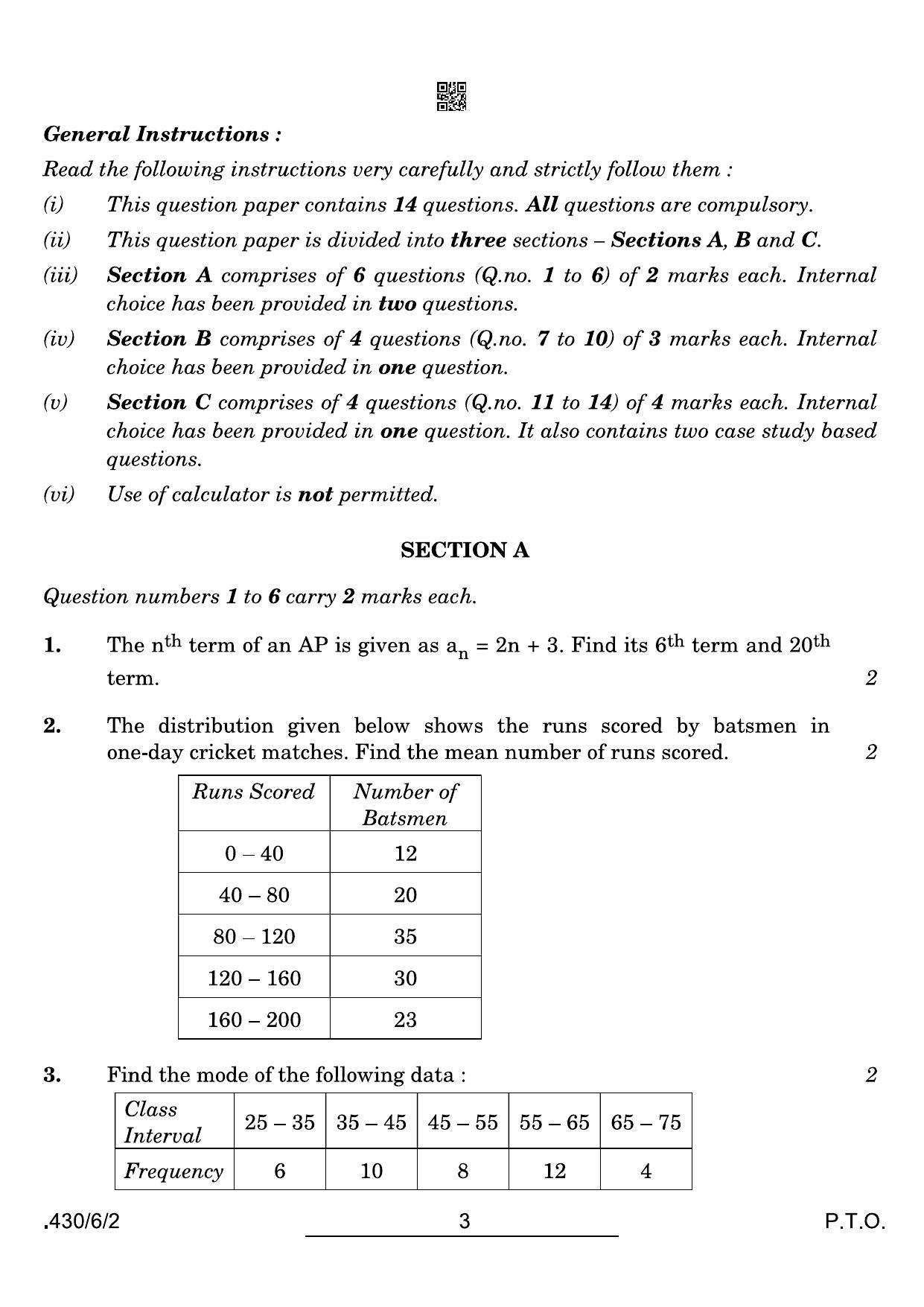 CBSE Class 10 430-6-2 Maths Basic 2022 Compartment Question Paper - Page 3