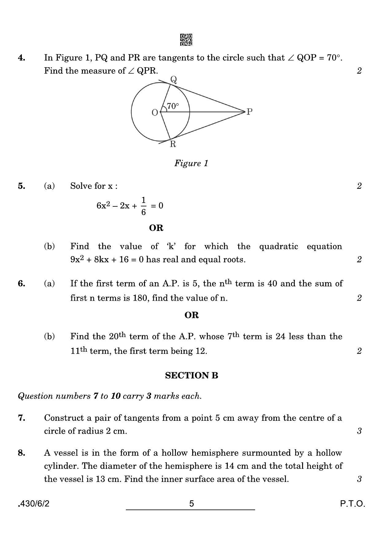 CBSE Class 10 430-6-2 Maths Basic 2022 Compartment Question Paper - Page 5