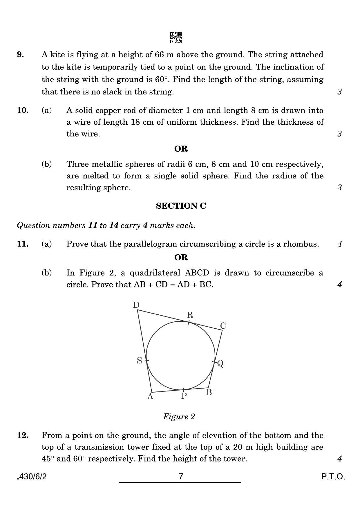 CBSE Class 10 430-6-2 Maths Basic 2022 Compartment Question Paper - Page 7