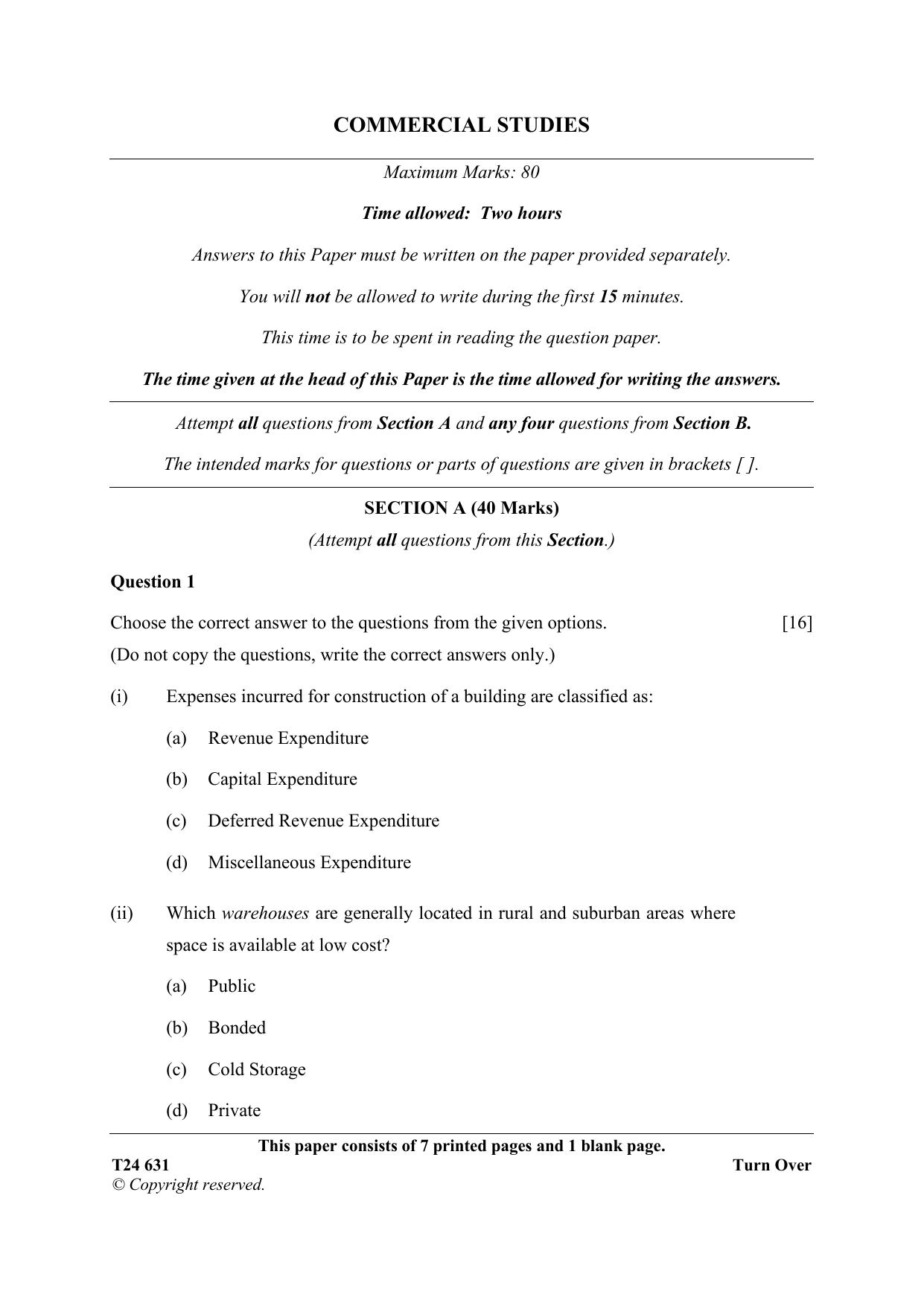 ICSE Class 10 Commercial Studies 2024 Question Paper - Page 1