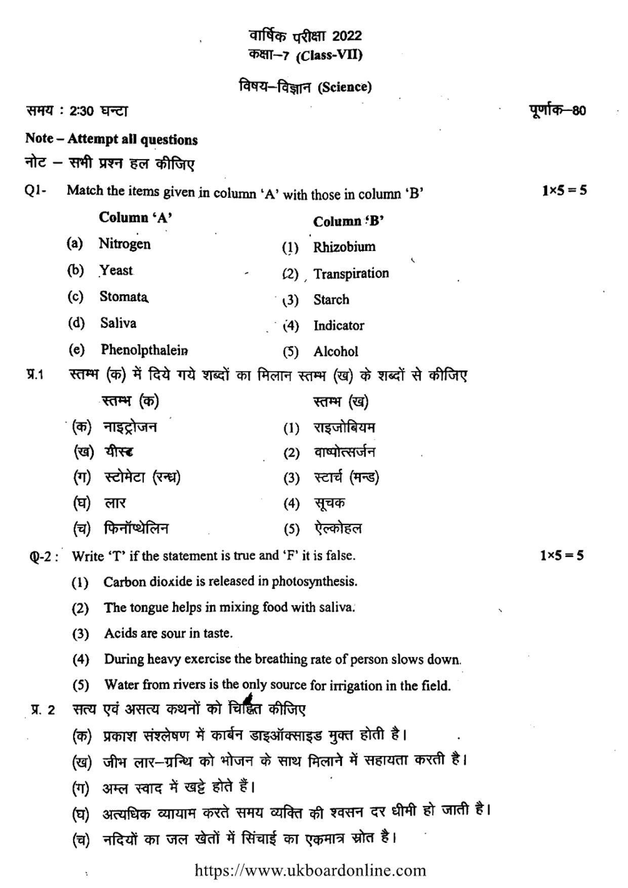 UBSE Class 7 SCIENCE 2022 Question Paper - Page 1