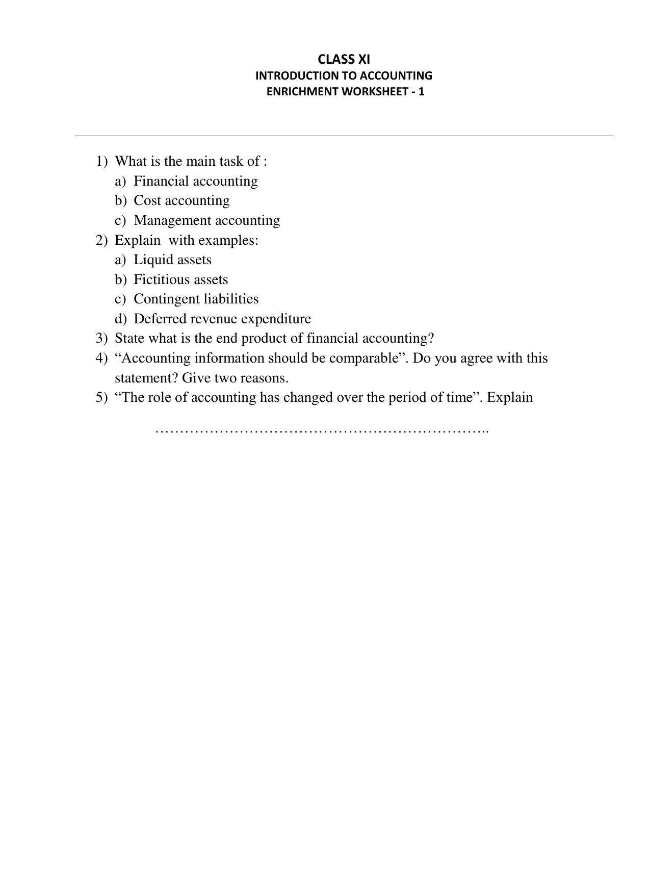 CBSE Worksheets for Class 11 Accountancy Introduction to Accounting Assignment 2 - Page 1