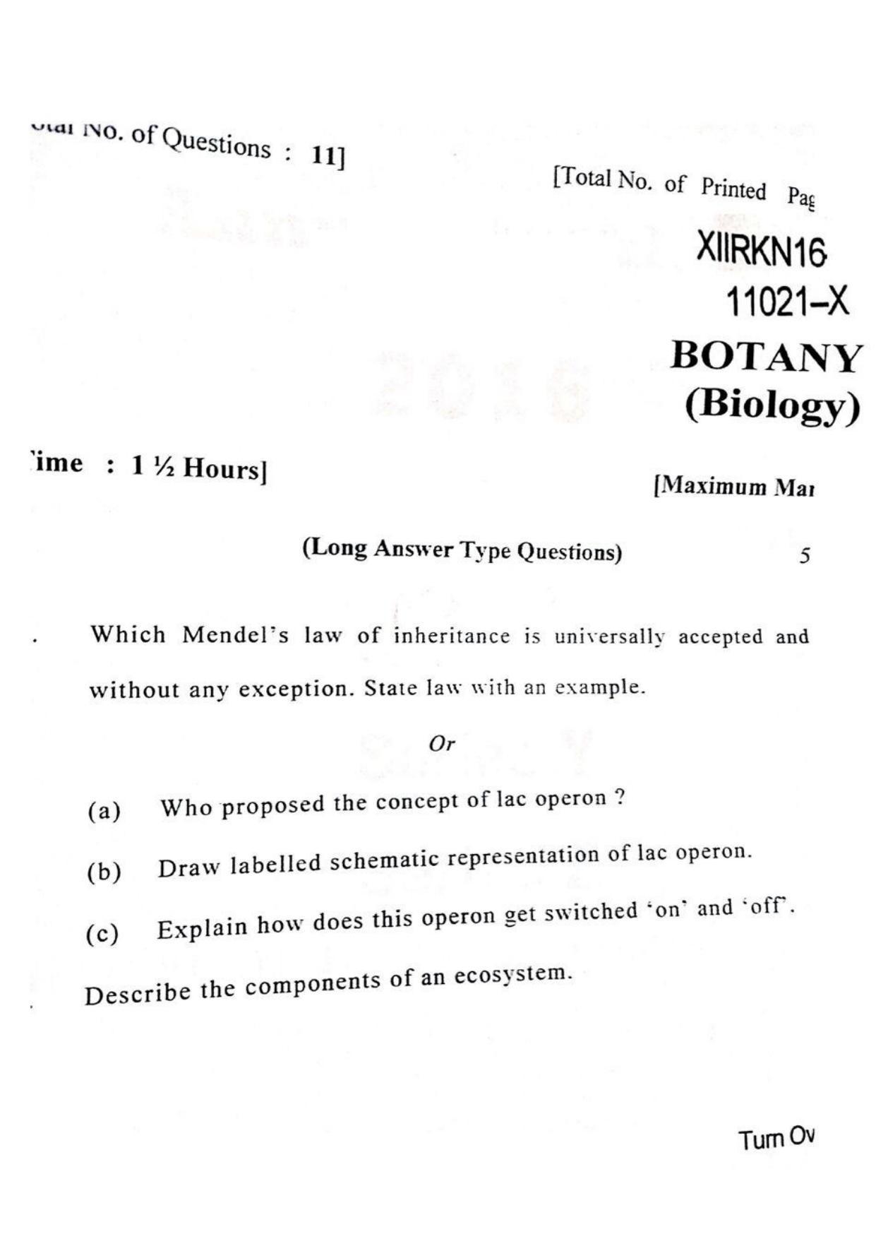 JKBOSE Class 12 Biology-Botany Question Papers 2016 (11021-X) - Page 1