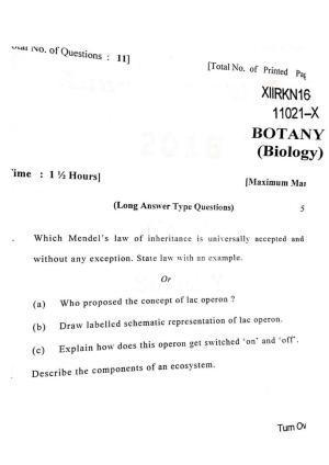 JKBOSE Class 12 Biology-Botany Question Papers 2016 (11021-X)