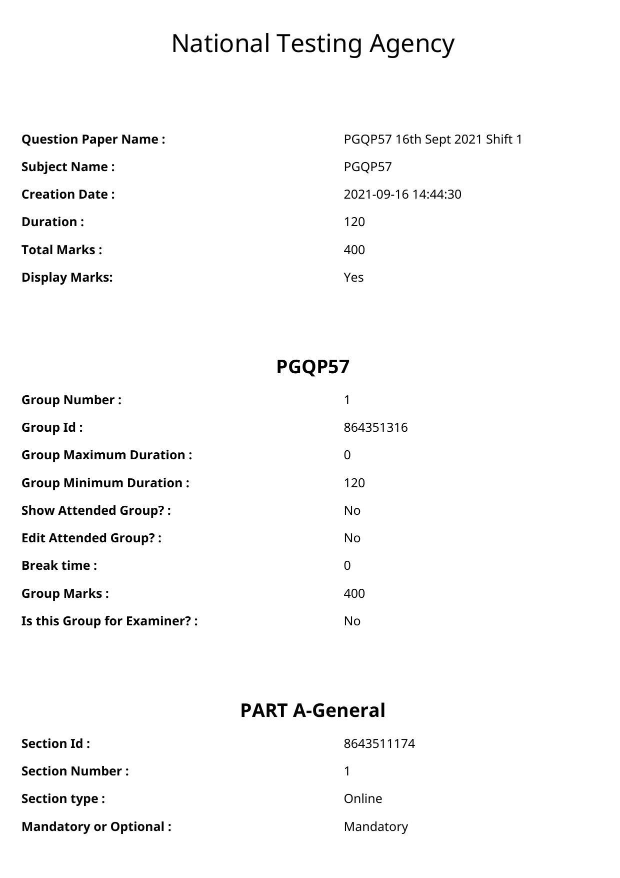 CUET PG 2021 PGQP57 Question Paper - Page 1