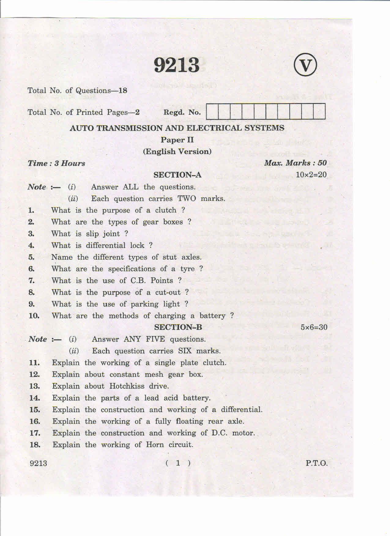 AP Inter 2nd Year Auto Transmission and Electrical Systems-II May-2019-Vocational Question Paper - Page 1